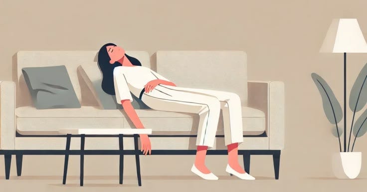 This may contain: a woman sitting on top of a couch in front of a lamp and a plant