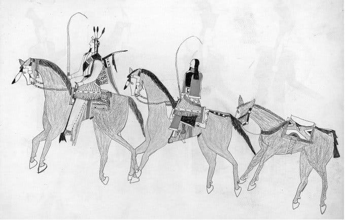 Anonymous Kiowa drawing of man and woman riding horses and leading a pack animal that is carrying a parfleche, ca. 1875–1877. National Anthropological Archives, Smithsonian Institution, NAA INV 0867900.
