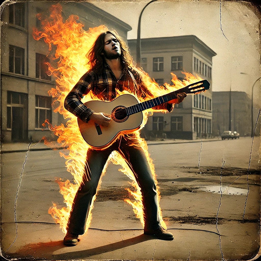 An old, cracked, dirty photograph from the 1960s depicting a man standing straight and playing a guitar that is completely engulfed in intense flames, outside on a street during the daytime. The man himself is also engulfed in flames, with fire spreading across his body while he strums the guitar slowly with an expression of intense agony and distress, clearly showing pain. He has long hair, wearing a plaid shirt, jeans, and boots. The background shows an urban street with buildings and streetlights under the bright daylight. The flames are extremely intense and bright, consuming both the guitar and the man. The photo has a vintage sepia tone, with visible cracks, dirt, and signs of aging.
