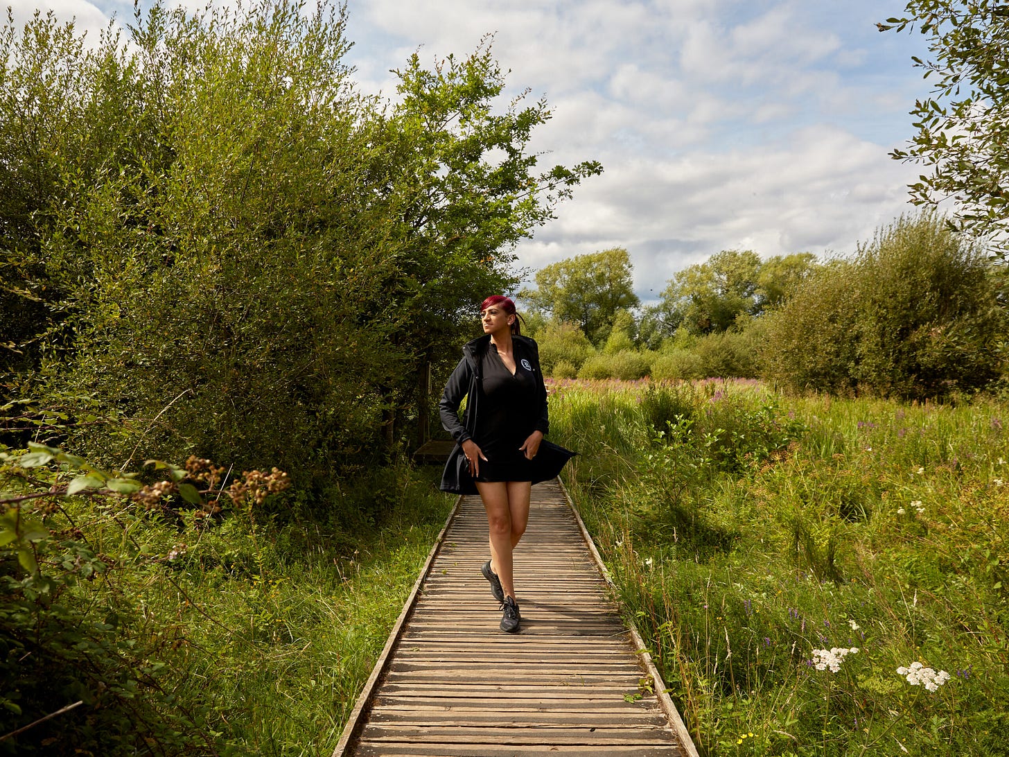 Three days before the start of the Miss Trans Global pageant, Chedino takes a break from sewing her national costume by going for a walk in the Riverside Nature Reserve in Guildford, U.K., on July 28, 2023.