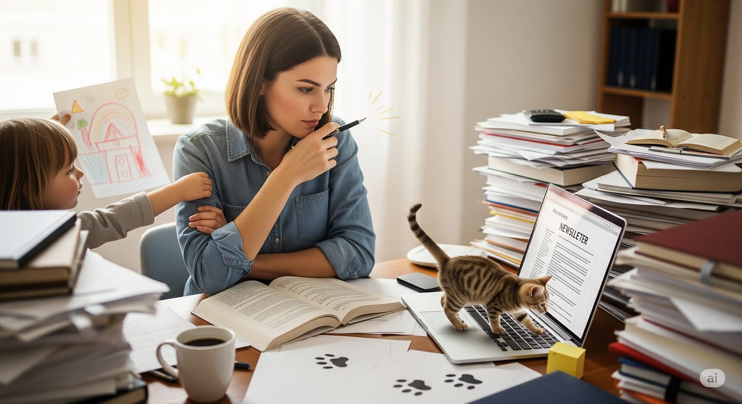A busy newsletter writing has multiple interruptions whilst at her keyboard