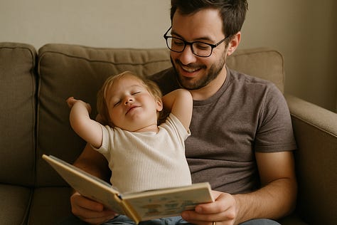 "Candid photo of a father and toddler reading on a couch, toddler leaning back mid-stretch." - by GPT-4o, Imagen 4, and Seedream 3.0 image models