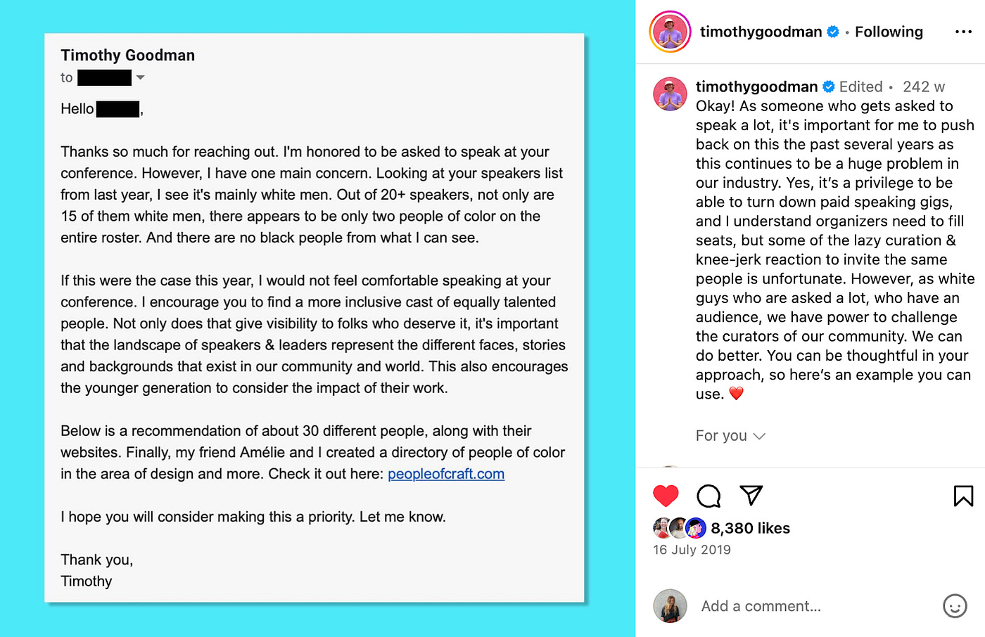 A screenshot from Timothy Goodman’s instagram that shows the email explained in the copy. A screenshot from Timothy Goodman’s instagram that shows the email explained in the copy.