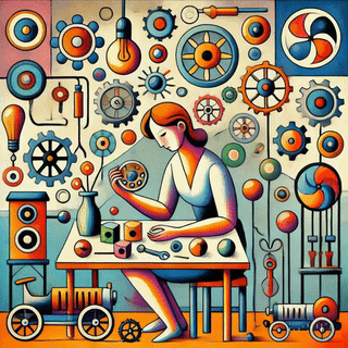 An artistic illustration of a person working at a table surrounded by various mechanical gears, tools, and colorful shapes, symbolizing curiosity and exploration of how things work.