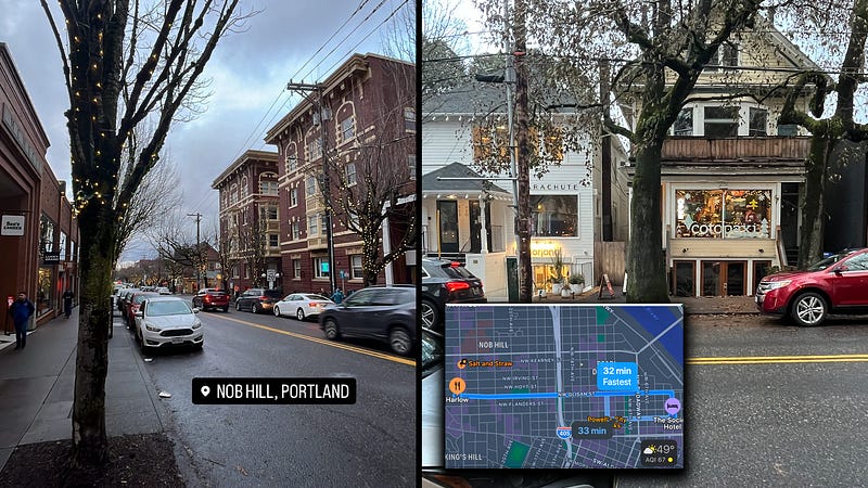 A picture of Nob Hill from my IG Story next to an outside picture of a couple of stores that were once homes