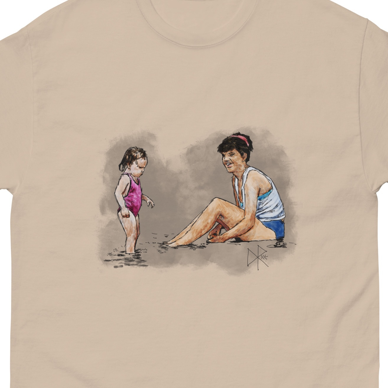 A toddler walks unsteadily in the shallow water at the beach as a woman sits nearby and watches with amusement and affection. Sketch art by Don Rice. A toddler walks unsteadily in the shallow water at the beach as a woman sits nearby and watches with amusement and affection. Sketch art by Don Rice.