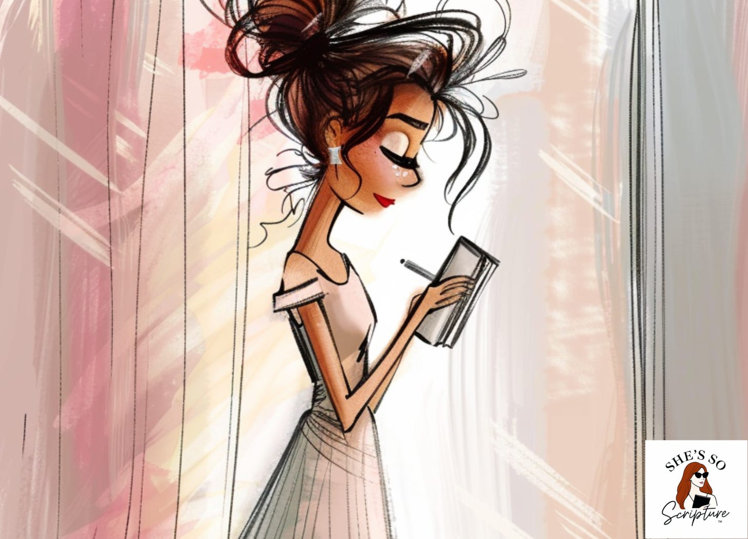 Whimsical fashion illustration of a woman standing at a window at dusk, holding an open journal in golden evening light, in blush pink and cream watercolor tones. Whimsical fashion illustration of a woman standing at a window at dusk, holding an open journal in golden evening light, in blush pink and cream watercolor tones.