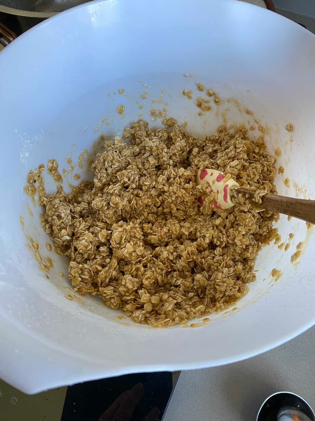Flapjack mixture in a white bowl. Flapjack mixture in a white bowl.