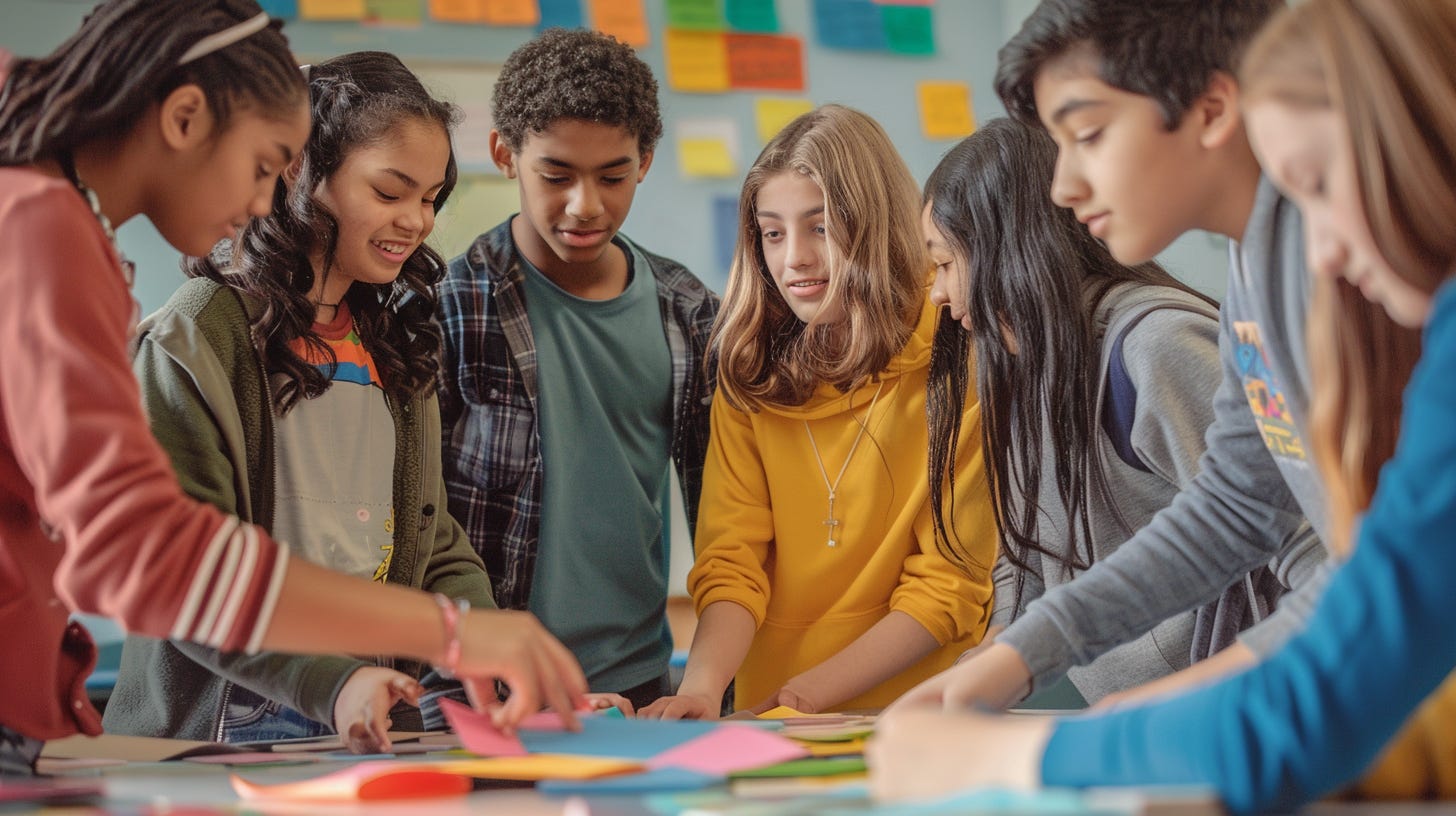 Students work together around a table, sorting and discussing colorful cards during a collaborative classroom review activity that encourages participation, communication, and shared problem-solving.