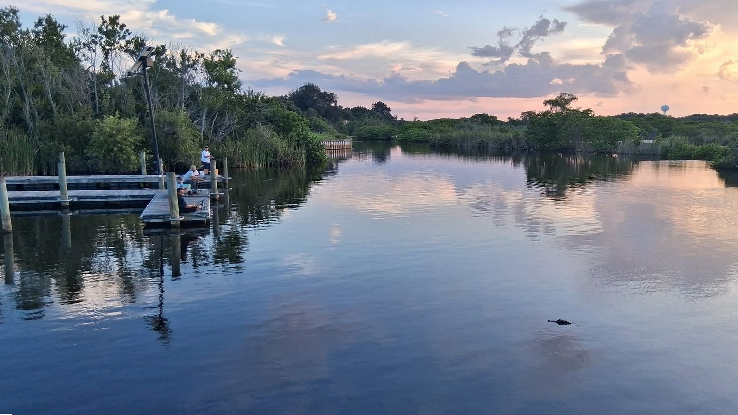 A scenic dusk view of a boat dock and wooden pier along Turkey Creek at Goode Park in Palm Bay, Florida, with people fishing and a small alligator swimming in the calm water reflecting the sunset sky.