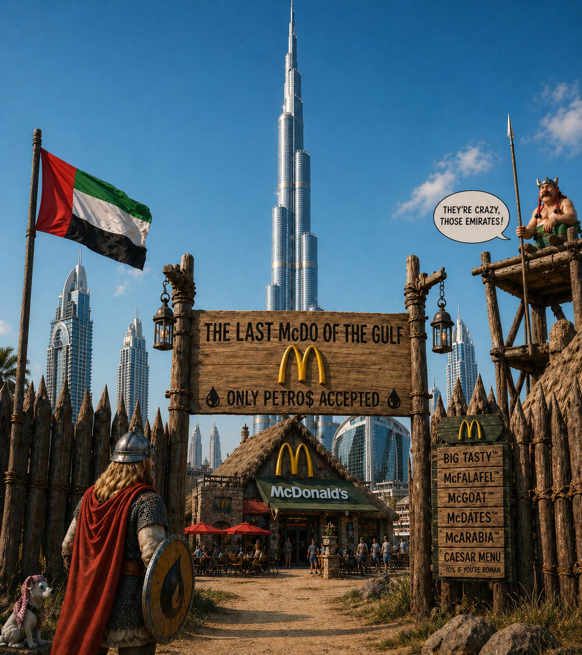 A satirical illustration showing a medieval fortified village-style setting in the foreground, with a wooden entrance bearing the inscriptions “The Last McDonald’s in the Gulf” and “Only petro$ accepted.” Behind it, a McDonald’s restaurant is housed in a rustic cabin, with a few customers seated at tables on the patio. On the left, the flag of the United Arab Emirates flies. On the right, a caricatured warrior watches the scene from a platform and says in a speech bubble: “These Emiratis are crazy!” In the foreground, a Viking-style warrior, seen from behind with a shield and red cape, looks toward the entrance. In the background stands the Burj Khalifa surrounded by modern skyscrapers, creating a contrast between a medieval world and a futuristic city. A sign on the side displays a humorous menu (McFalafel, McGoat, McDates, etc.).