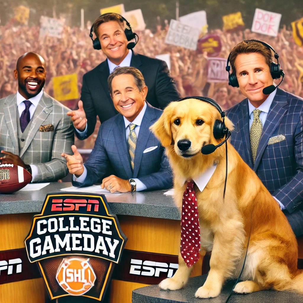 A humorous scene of Kirk Herbstreit's Golden Retriever, Ben, sitting confidently at the ESPN College Gameday desk alongside the regular cast members like Kirk Herbstreit, Lee Corso, Desmond Howard, and Pat McAfee. Ben is wearing a tiny ESPN headset and looking intently at a screen, ready to give his expert football analysis. The background shows a lively college football stadium, with fans cheering and holding up signs. Pat McAfee is playfully interacting with Ben, perhaps holding a football or joking around. The overall atmosphere is energetic and fun, with a mix of serious sports talk and playful antics.