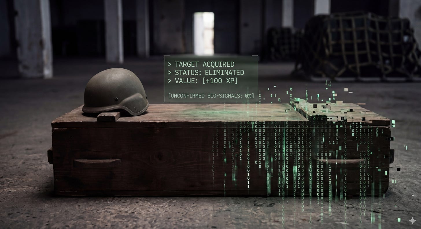 A close-up of a standard military helmet and an extended wooden coffin, caught between the physical reality of death and a green digital 'augmented reality' (AR) scorecard that lists 'Target Acquired', 'Status: Eliminated', and '+100 XP'. Green matrix data code dissolves the right side of the coffin.