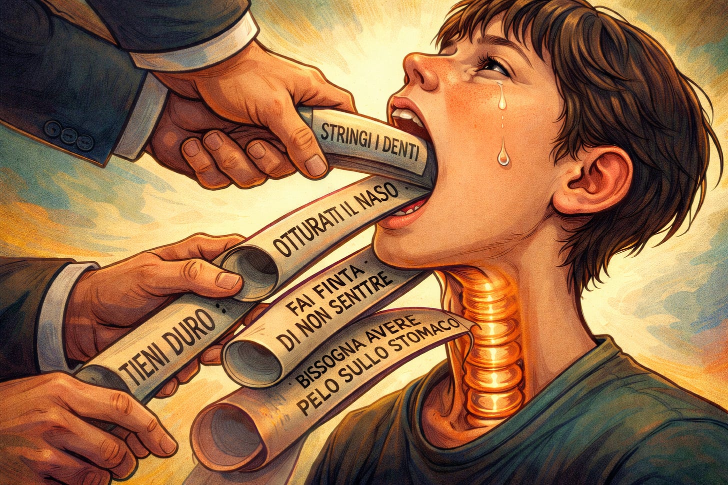 “Stringi i denti”, "otturati il naso”, “fai finta di non sentire”, “tieni duro”, “ingoia le lacrime”, “bisogna avere il pelo sullo stomaco”