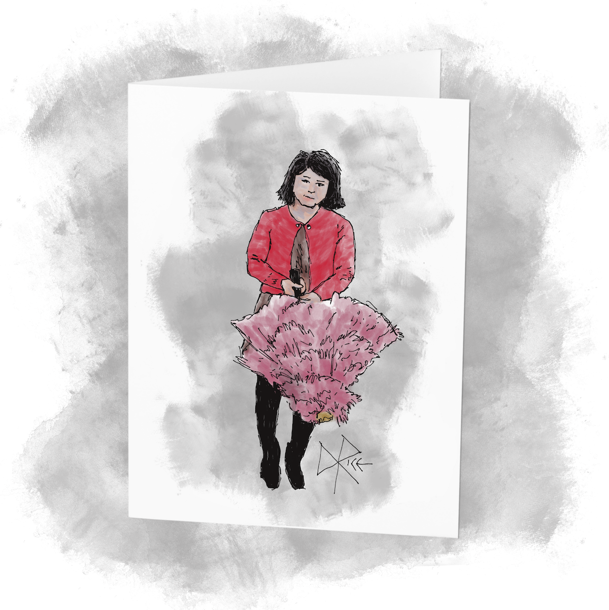 A woman in a red sweater holds a lowered ornamental pink feathered umbrella in both hands. Sketch art by Don Rice. A woman in a red sweater holds a lowered ornamental pink feathered umbrella in both hands. Sketch art by Don Rice.