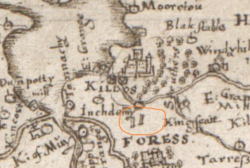 Detail of Timothy Pont’s c.1590 map of Moray, showing two pillars on the Sueno’s Stone site between Forres and Kinloss Detail of Timothy Pont’s c.1590 map of Moray, showing two pillars on the Sueno’s Stone site between Forres and Kinloss