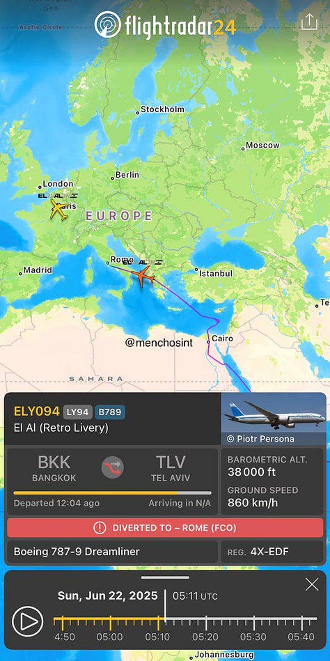 Flight tracking data from June 22, 2025, shows commercial aviation suddenly diverting around Iranian airspace in the early morning hours, providing the first public evidence of military operations before any official announcements. Multiple El Al flights and other carriers changed course dramatically, suggesting coordination with military planners. Credit: Flightradar24