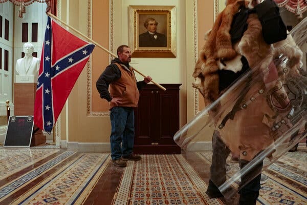 “The Confederate flag made it deeper into Washington on Jan. 6, 2021, than it did during the Civil War,” a professor said of the siege at the Capitol. “The Confederate flag made it deeper into Washington on Jan. 6, 2021, than it did during the Civil War,” a professor said of the siege at the Capitol.