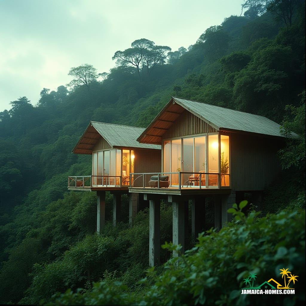 Cinematic film still of budget homes made from bamboo in Jamaica, situated on a lush hillside, featuring expansive glass panels and abundant natural light. These homes, no wider than a van, are nestled between two normal concrete homes, supported by concrete pillars. The scene is bathed in atmospheric, cinematic lighting, shot on v-raptor XL with 35mm film, showcasing film grain, a deliberate vignette, and expert color grading. Post-processing enhances the best quality, creating a masterpiece that is epic, stunning, and dramatic.