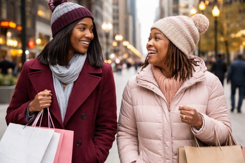 Mother and daughter walking downtown in Chicago wearing fashionable winter hats and coats while shopping. Mother and daughter walking downtown in Chicago wearing fashionable winter hats and coats while shopping.