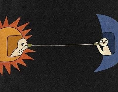 This may contain: two cartoon characters pulling each other on a string in the dark with sun and moon behind them