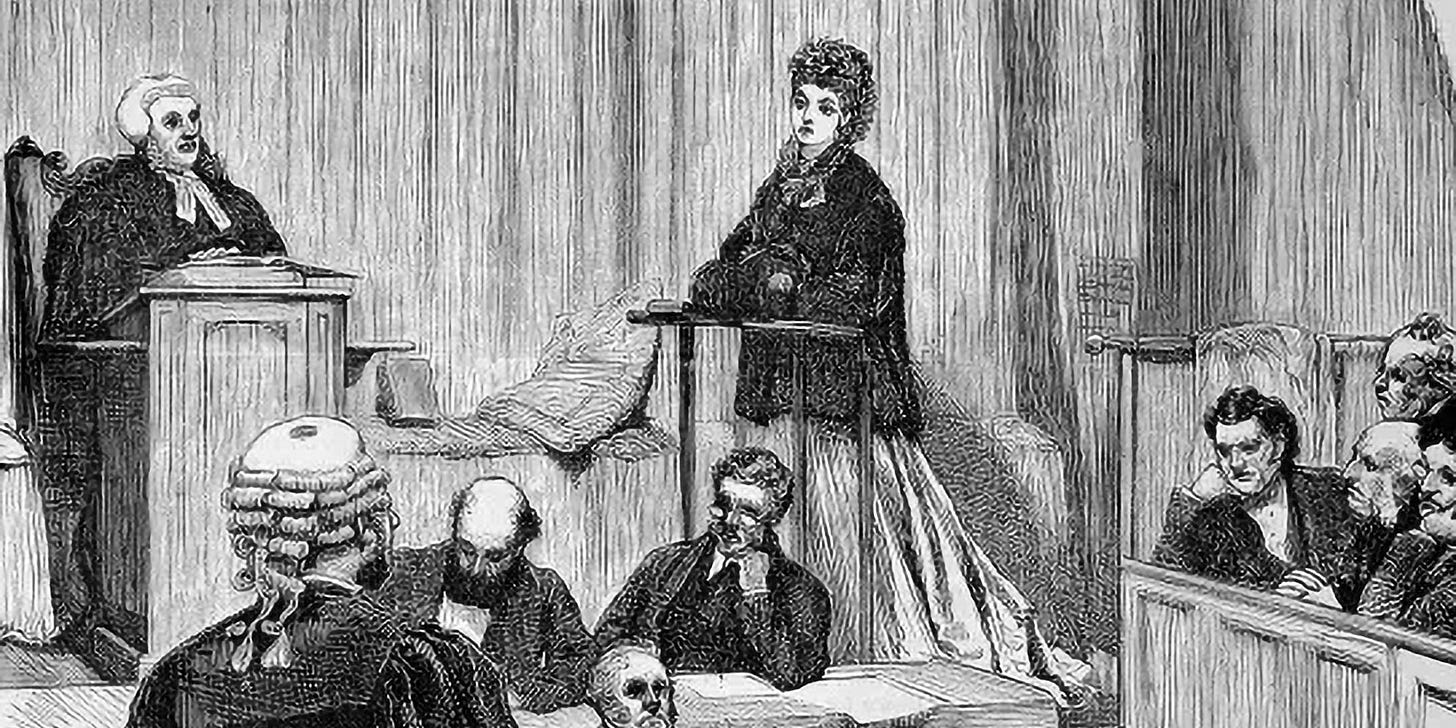 An engraving of Victorian divorce court - an unhappy woman in the dock