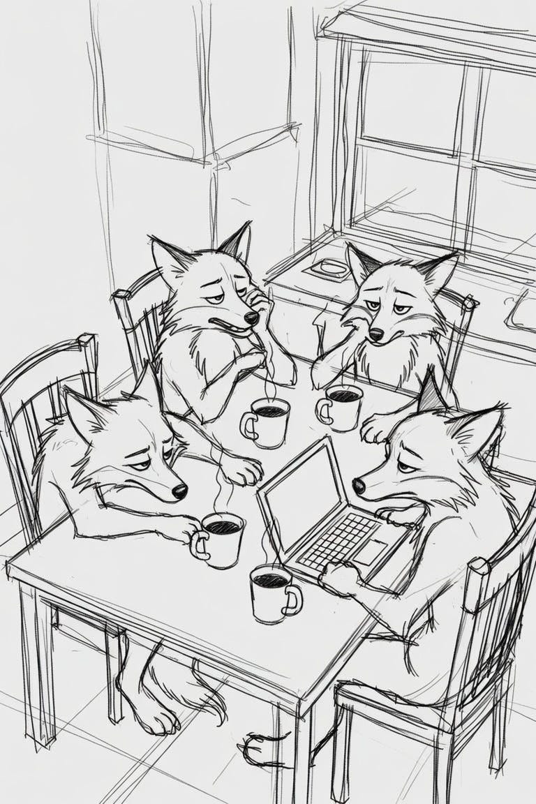 pencil line art in a messy sketch style. A bunch of exhausted anthropomorphic foxes sit around a kitchen table. They are sitting on wooden, slat-backed chairs. One is slumped over on his hands, face down on the table. Another is leaning on the table and propping up his chin with one hand, eyes half open. Another is sprawled in the chair, head back. The final, fourth fox is blearily peering at a laptop screen. Mugs of steaming coffee are in front of all of them. pencil line art in a messy sketch style. A bunch of exhausted anthropomorphic foxes sit around a kitchen table. They are sitting on wooden, slat-backed chairs. One is slumped over on his hands, face down on the table. Another is leaning on the table and propping up his chin with one hand, eyes half open. Another is sprawled in the chair, head back. The final, fourth fox is blearily peering at a laptop screen. Mugs of steaming coffee are in front of all of them.