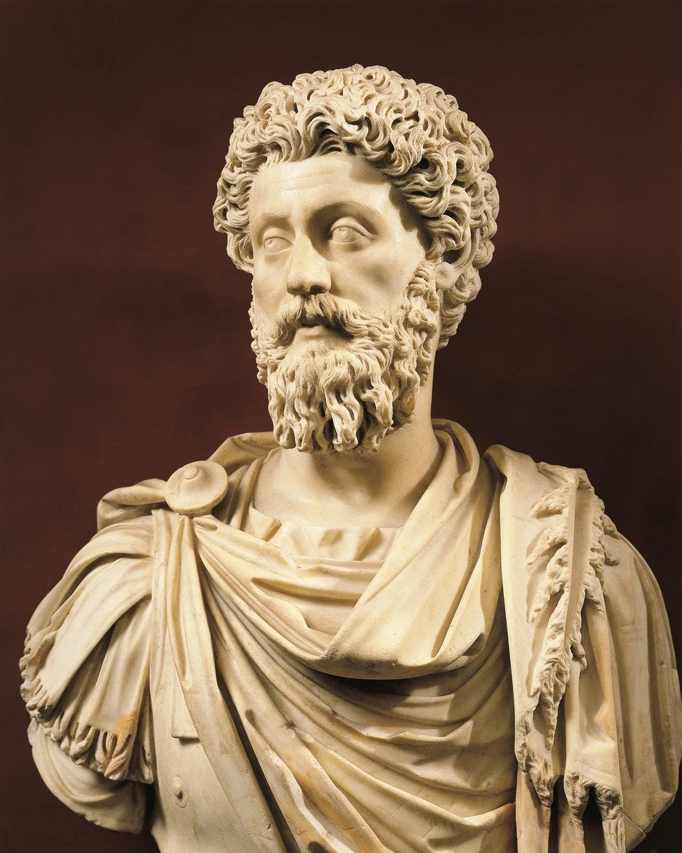 a marble bust of a man with wavy hair and a curly beard, he wears robes and looks to the left