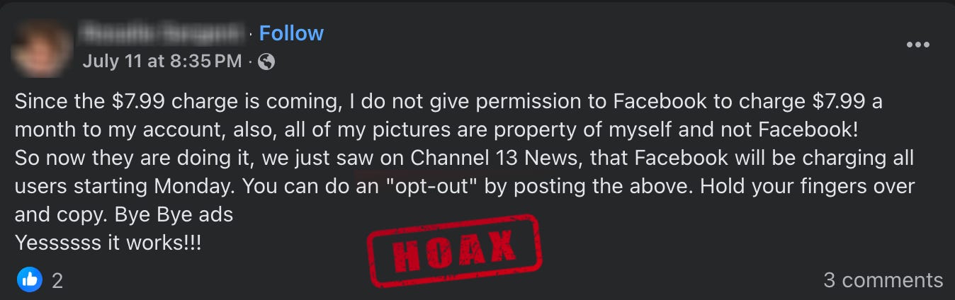 Facreenhsot of Facebook post claiming that a $7.99 charge is coming starting Monday.
