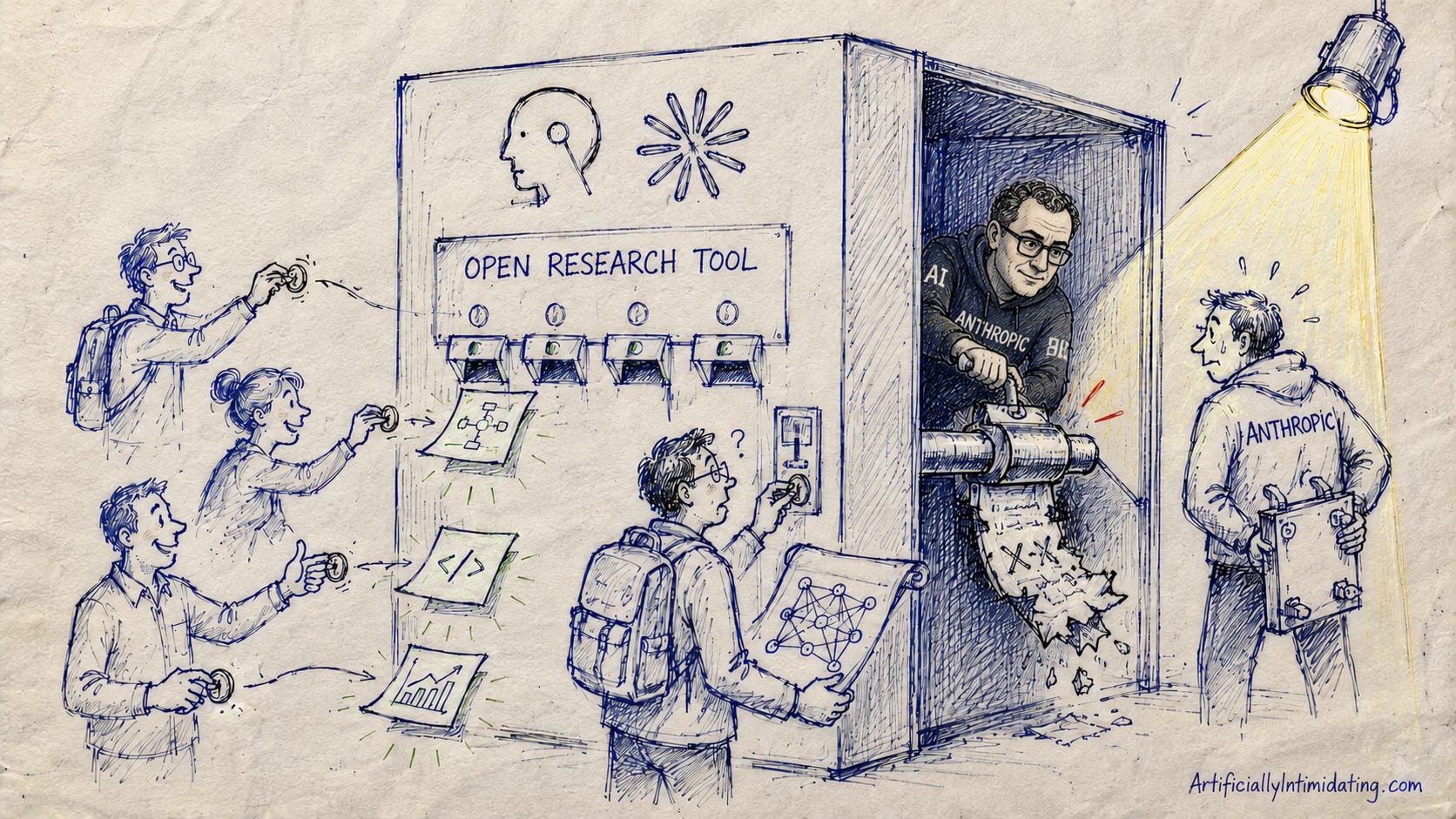 AI-generated editorial cartoon in a hand-drawn sketch style. A giant Claude-themed vending machine dispenses helpful research outputs and code diagrams to ordinary researchers. Hidden inside the back of the machine, a figure resembling Anthropic CEO Dario Amodei, wearing Anthropic-branded clothing, secretly crimps the output mechanism. Researchers carrying AI model blueprints receive shredded, mangled answers instead of useful results. A spotlight exposes the hidden sabotage, illustrating criticism of Anthropic's abandoned plan to secretly degrade model performance for users developing competing AI systems.