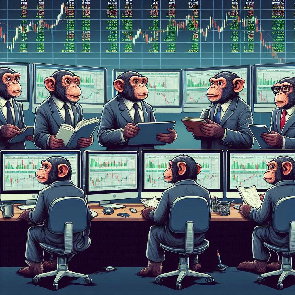 monkeys wearing suits trading stocks using many monitors
