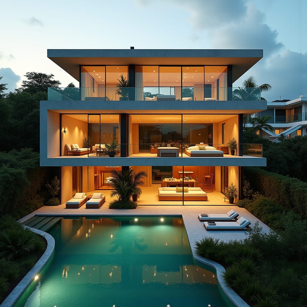 Ultra-modern, 4-story, 10-bedroom Jamaican mansion with sleek glass façade, expansive windows, and cantilevered concrete platforms, set amidst the bustling cityscape, featuring crystal-clear glass pools that appear to float in mid-air.
