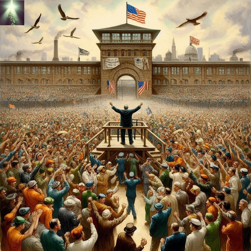 Crowd scene.  Man on raised platform in front of a government building. Stars and Stripes flying. Eagles soar, industrial chimney stacks puff in the background.