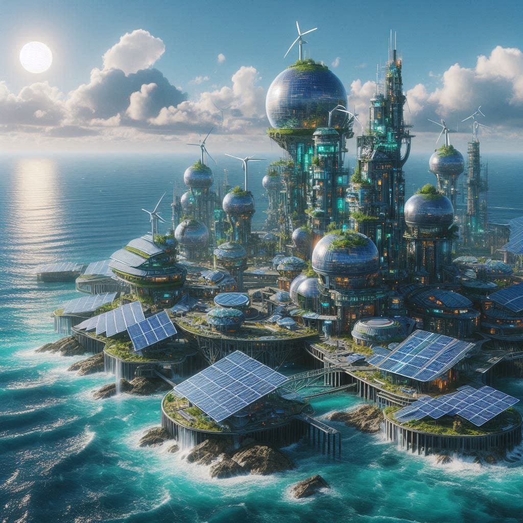 solar punk city with green energy by the ocean