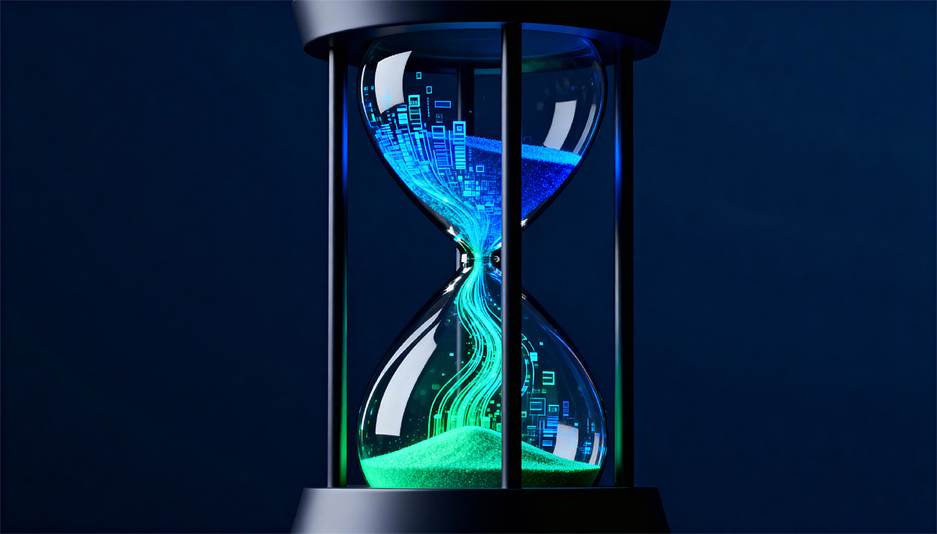 A hourglass with blue and green lights

AI-generated content may be incorrect.