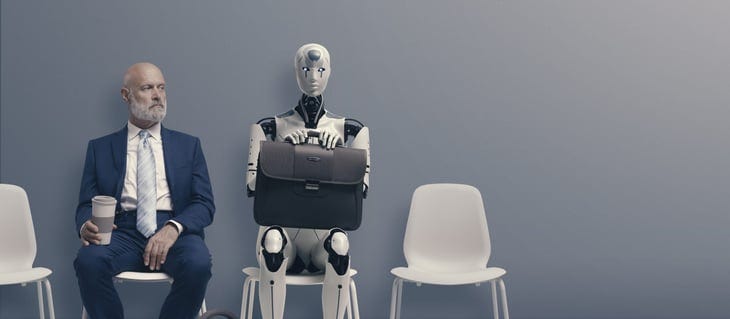 Job interviewers including senior worker and AI robot