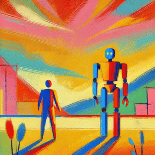 An abstract digital illustration depicting a human figure standing beside a large robot under a colorful, vibrant skyline with reimagined geometric shapes.