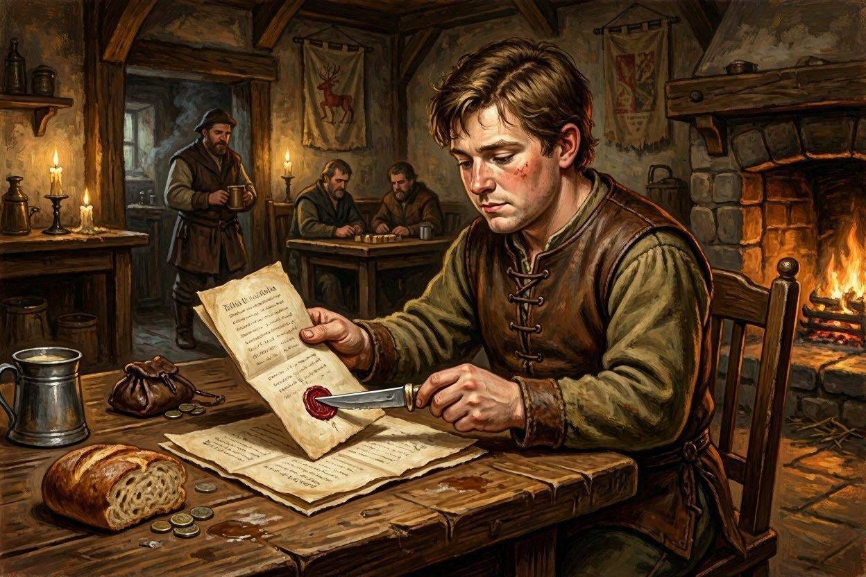 chubby young man opening letter with hunting knife, wax seal, medieval tavern, fantasy art