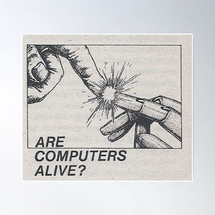 This may contain: an advertisement for computers that says are computers alive? with two hands breaking through the screen