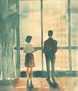 vintage editorial watercolor illustration of two figures standing near a corporate office window seen from behind, both looking across the room, one holding a plate, muted neutrals, cream paper texture