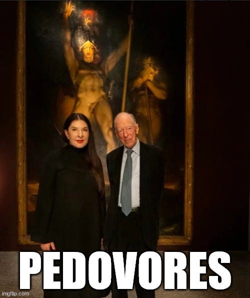 r/FreedomForTruth - Satanic 'artist' Witch - Marina Abramovic with Jacob Rothschild (Elite Pedovore)...The painting behind them 'just happens' to be "Satan summoning his Legions" (1797), by Sir Thomas Lawrence