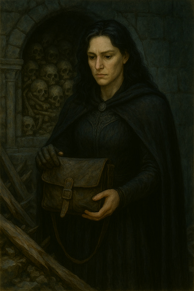 Clarion, a tall and statuesque woman with pale skin, angular features, and black wavy hair, stands outside a collapsed room in a ruined stone manor. She wears dark velvet clothing with silver embroidery, her posture strong yet tense. At her feet lies Brother Marek's worn leather satchel, half‑open, with a few papers and a broken holy symbol visible inside. Clarion gazes down at it with a mix of dread and determination. Behind her, shattered beams and fallen masonry frame the gaping hole of the collapsed room, moonlight filtering through drifting dust. The atmosphere is somber, cold, and heavy with unspoken truth. Clarion, a tall and statuesque woman with pale skin, angular features, and black wavy hair, stands outside a collapsed room in a ruined stone manor. She wears dark velvet clothing with silver embroidery, her posture strong yet tense. At her feet lies Brother Marek's worn leather satchel, half‑open, with a few papers and a broken holy symbol visible inside. Clarion gazes down at it with a mix of dread and determination. Behind her, shattered beams and fallen masonry frame the gaping hole of the collapsed room, moonlight filtering through drifting dust. The atmosphere is somber, cold, and heavy with unspoken truth.