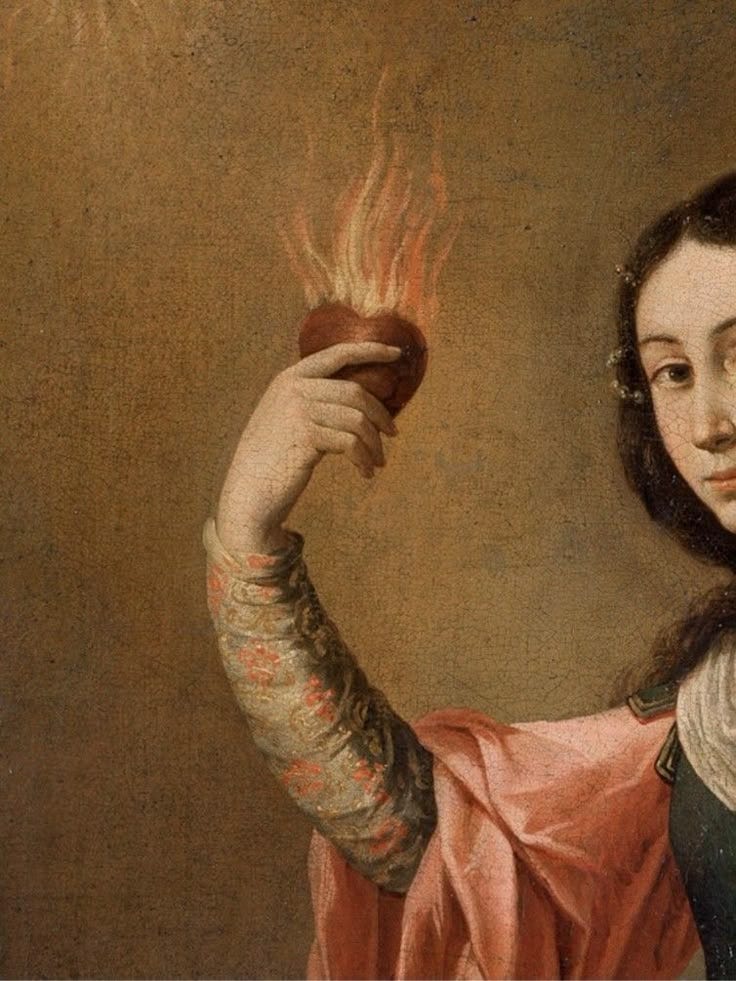This may contain: a painting of a woman holding a pot with fire in it's hand and looking at the viewer