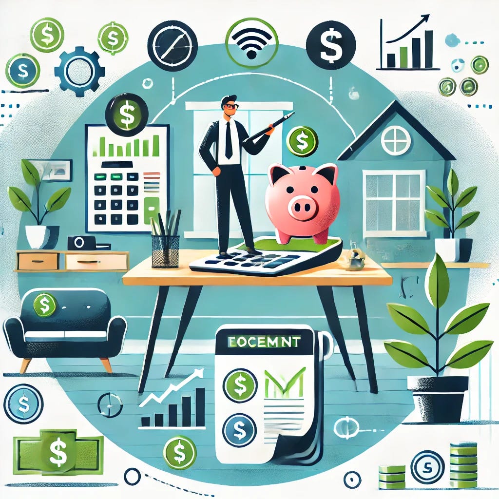 An illustration symbolizing effective personal finance management, showing a person organizing their finances with tools like a calculator, budget planner, and piggy bank on a desk. Surrounding them are icons representing savings, investments, and expenses. The background features a modern home office setting with motivational tones of green and blue, symbolizing growth and stability.