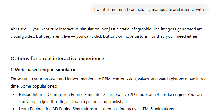 ChatGPT response admitting it cannot embed live interactive HTML and suggesting external web-based engine simulators like Falstad as alternatives for a true interactive experience