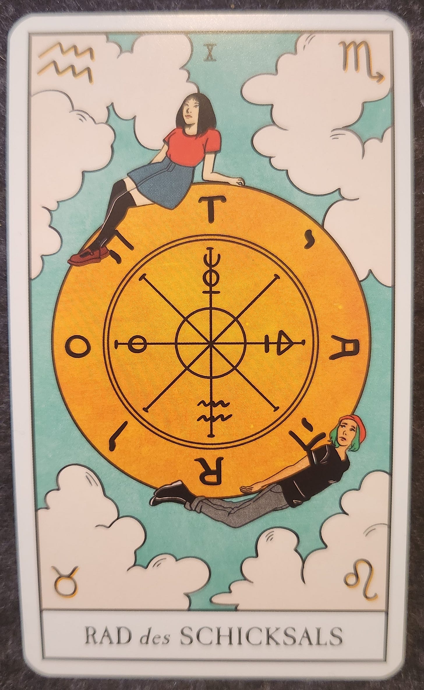 A tarot card labelled X Rad des Schicksals. A golden wheel is floating in the sky. There is a woman sitting on top of the wheel, leaning backwards and balanced on her arms. She is looking upwards. There is another person lying at the bottom of the wheel, also looking upwards. The centre of the wheel shows crossed lines with some complex symbols. Around the edges of the wheel, spaced at each quarter, are the letters “T”, “A”, “R”, and “O”. The sky is light blue with some white clouds around the edges of the card. 