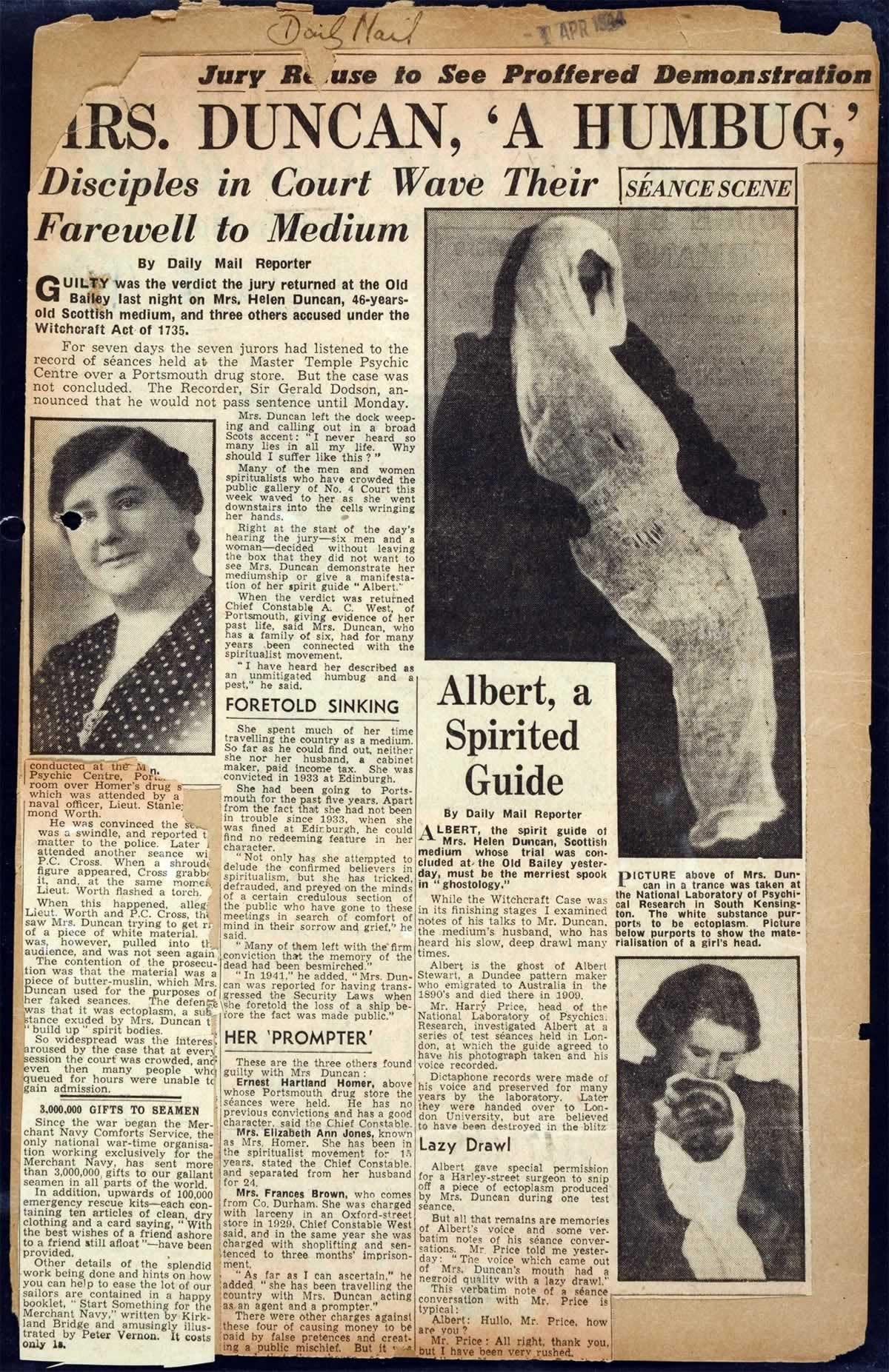 Daily Mail page from the National Archives, featuring the headline: MRS DUNCAN, ‘A HUMBUG’, plus photos of her, some where she is producing ‘ectoplasm’