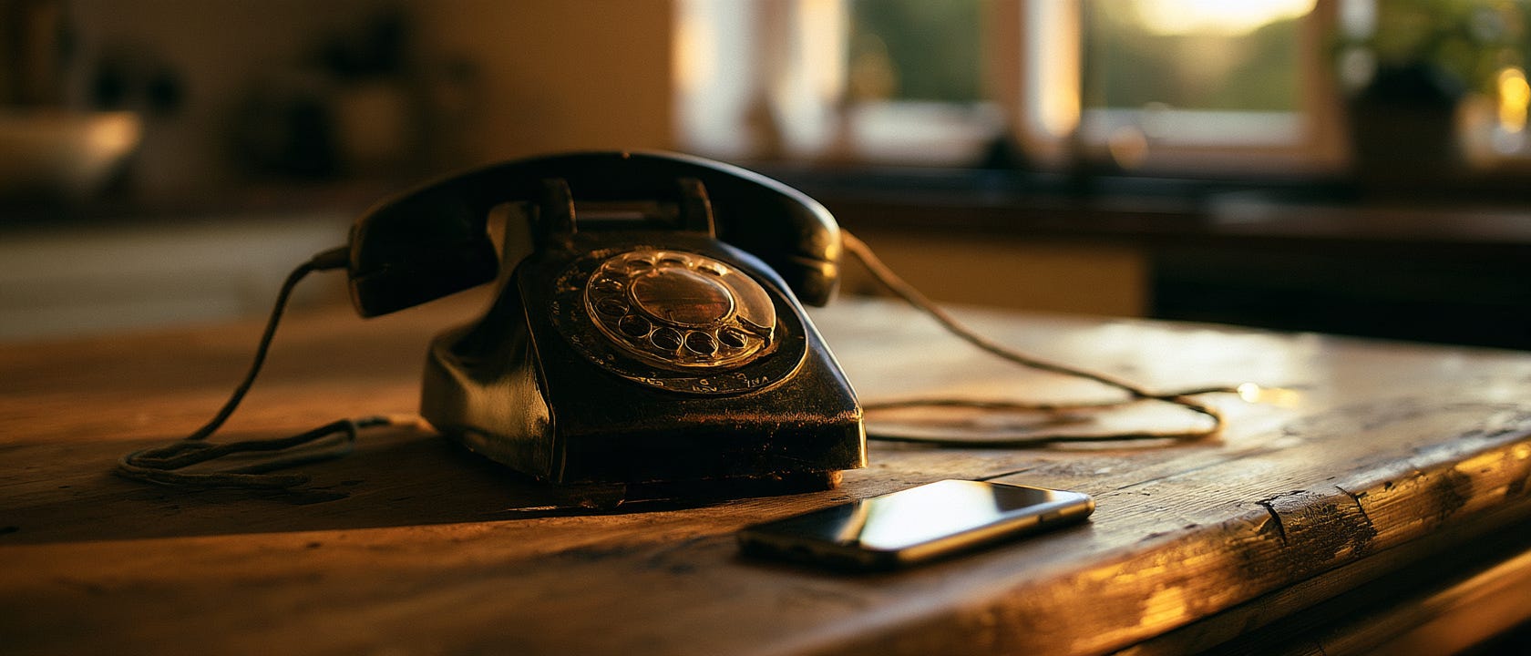 An old rotary telephone and a modern smartphone resting side by side on a worn wooden kitchen table An old rotary telephone and a modern smartphone resting side by side on a worn wooden kitchen table