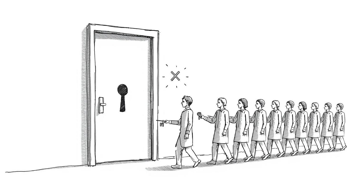 Figure trying keys on a door whose lock was set by a human hand above