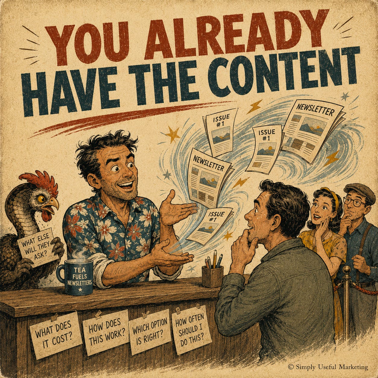 Vintage-style illustration of a man in an aloha shirt answering customer questions at a counter. Question cards read “What does it cost?,” “How does this work?,” “Which option is right?,” and “How often should I do this?” As he explains, his answers turn into floating newsletter pages labeled “Issue #1” and “Newsletter,” while a small group of interested customers listens. Vintage-style illustration of a man in an aloha shirt answering customer questions at a counter. Question cards read “What does it cost?,” “How does this work?,” “Which option is right?,” and “How often should I do this?” As he explains, his answers turn into floating newsletter pages labeled “Issue #1” and “Newsletter,” while a small group of interested customers listens.